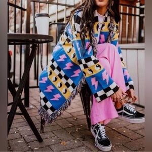 Dressed in Lala Luxe Fringe Blanket Cardigan in Wonderstruck Pattern